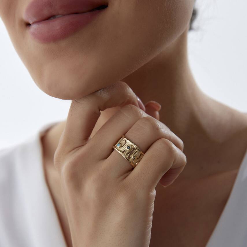 Altın Renkli Taşlı Vintage Yüzük - 1