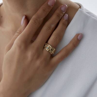 Altın Renkli Taşlı Vintage Yüzük - 3