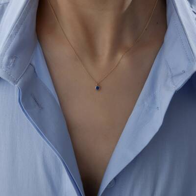 Altın Sıvama Mavi Tektaş Kolye 