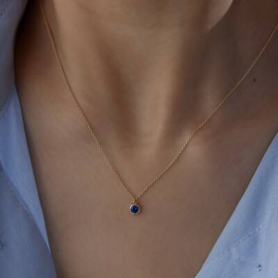 Altın Sıvama Mavi Tektaş Kolye - 2