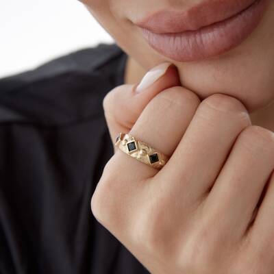 Altın Siyah Taşlı Geometrik Luna Yüzük - 2