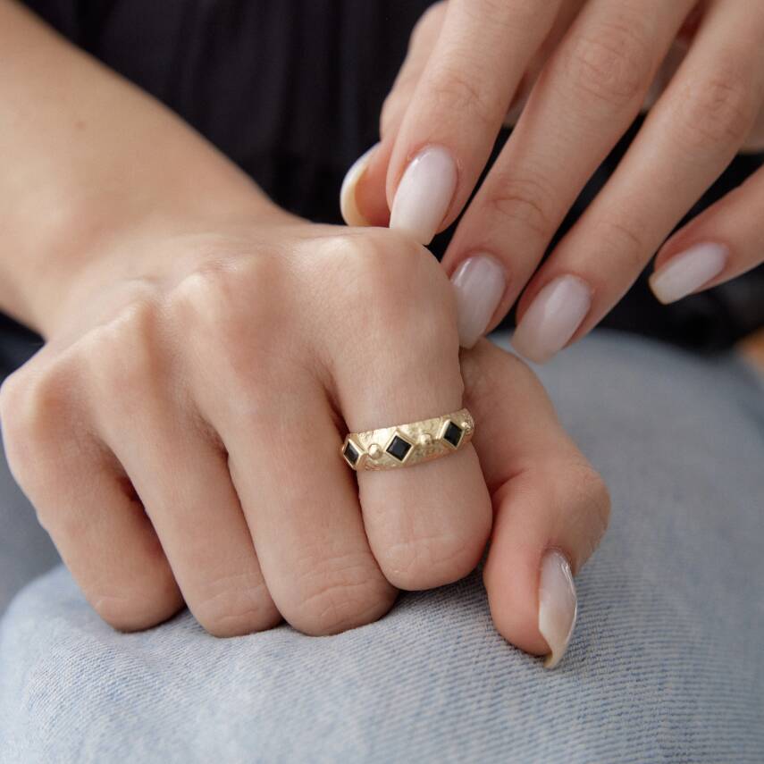 Altın Siyah Taşlı Geometrik Luna Yüzük - 3