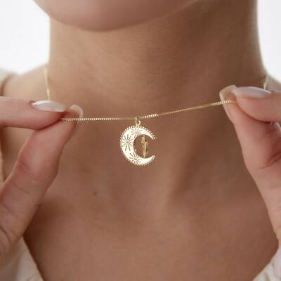 Altın Taşlı Ay Yıldız Kolye - 1