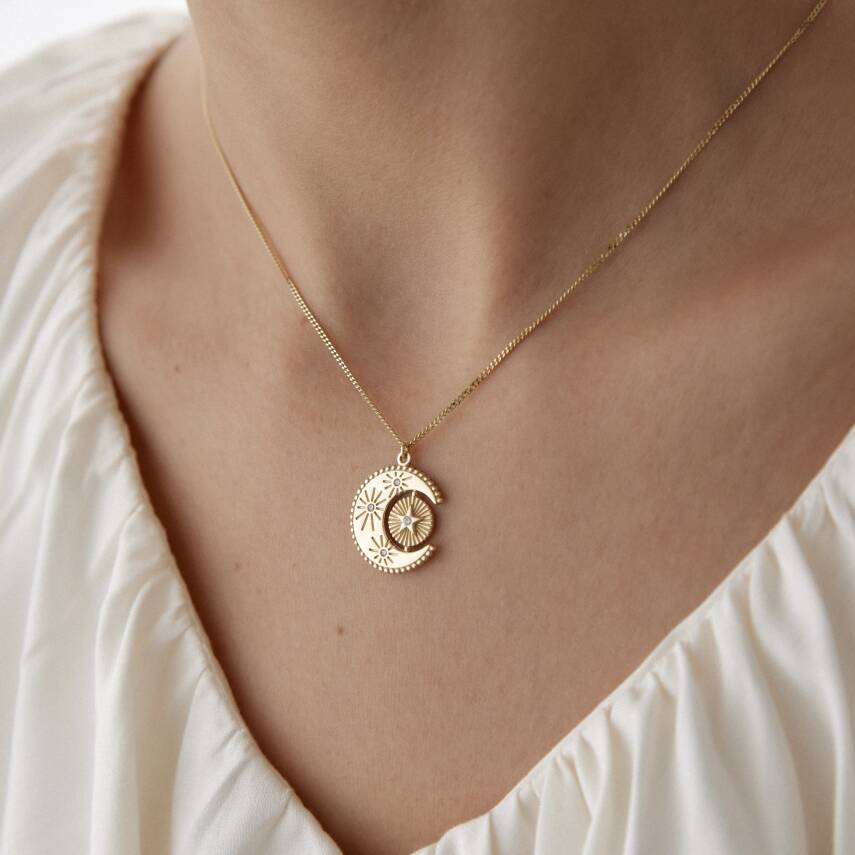 Altın Taşlı Ay Yıldız Kolye - 2