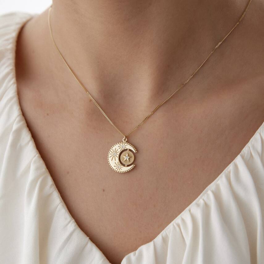 Altın Taşlı Ay Yıldız Kolye - 3