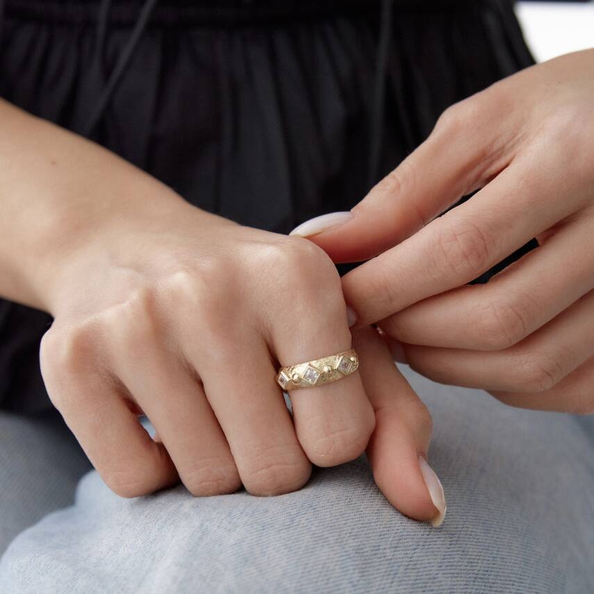 Altın Taşlı Geometrik Luna Yüzük - 3