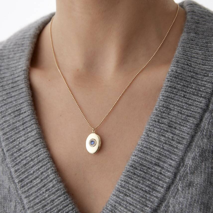 Altın Mavi Taşlı Kapaklı Retro Kolye - 1