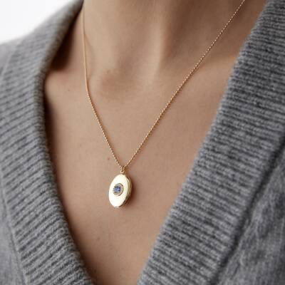 Altın Mavi Taşlı Kapaklı Retro Kolye - 2