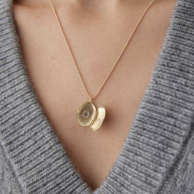 Altın Mavi Taşlı Kapaklı Retro Kolye - 4