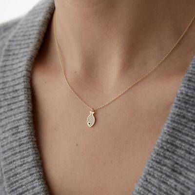 Altın Taşlı Minimal Balık Kolye - 1