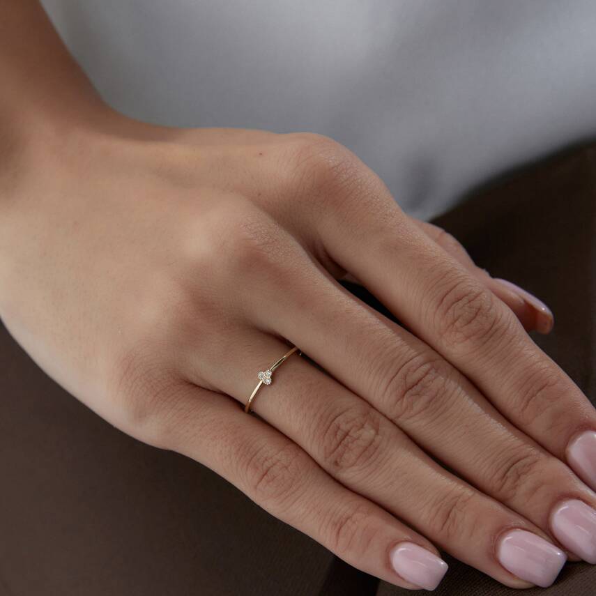 Altın Taşlı Minimal Yonca Yüzük - 2