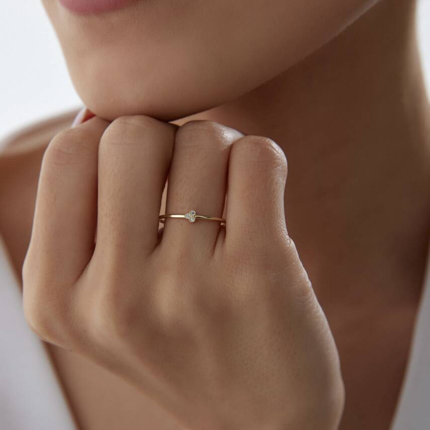 Altın Taşlı Minimal Yonca Yüzük - 1