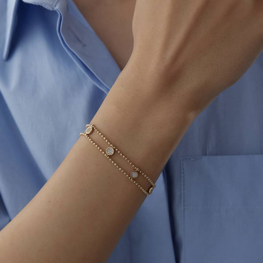 Altın Taşlı Yuvarlak İkili Top Zincir Bileklik - 1