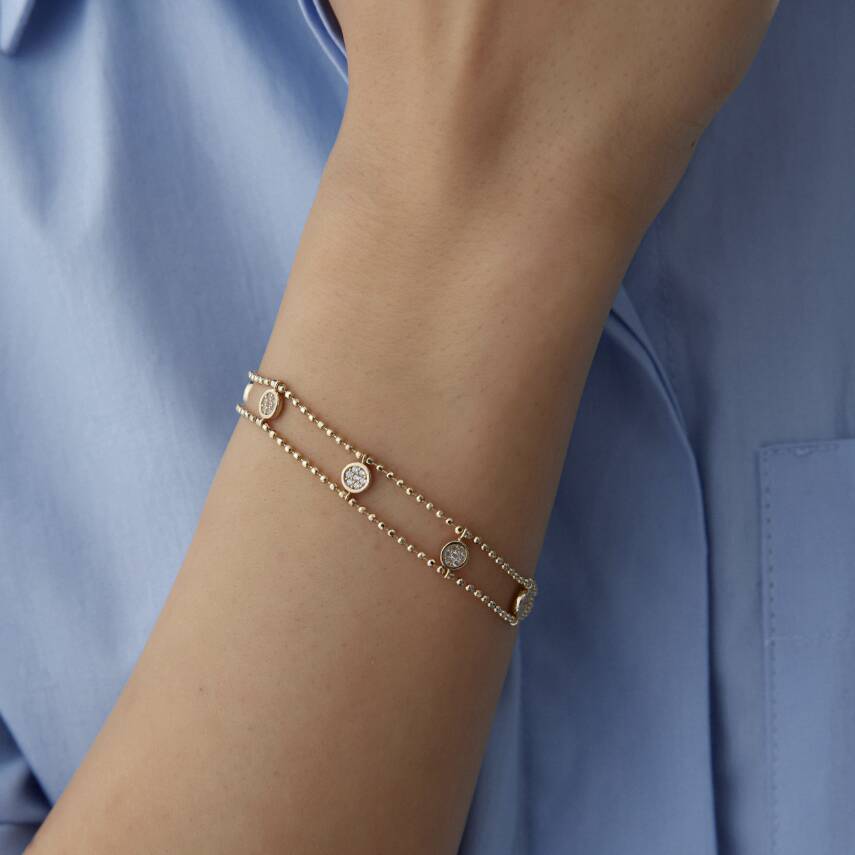 Altın Taşlı Yuvarlak İkili Top Zincir Bileklik - 2