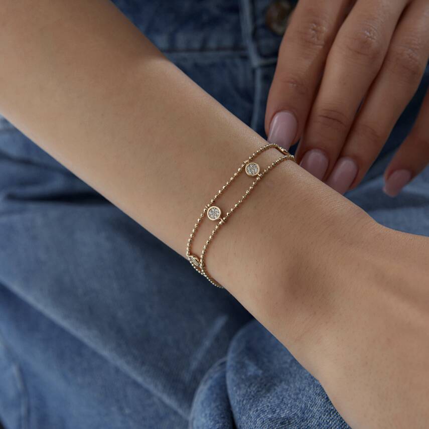 Altın Taşlı Yuvarlak İkili Top Zincir Bileklik - 3