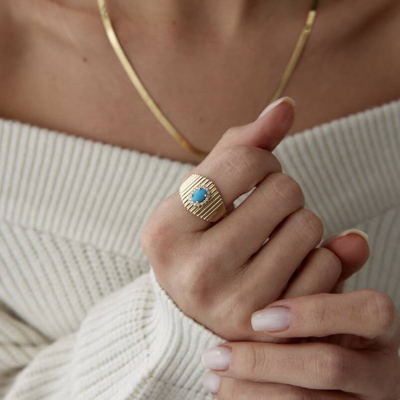 Altın Turkuaz Taşlı Ring Yüzük - 1