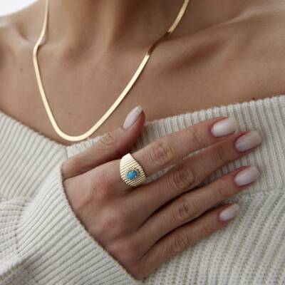 Altın Turkuaz Taşlı Ring Yüzük - 2