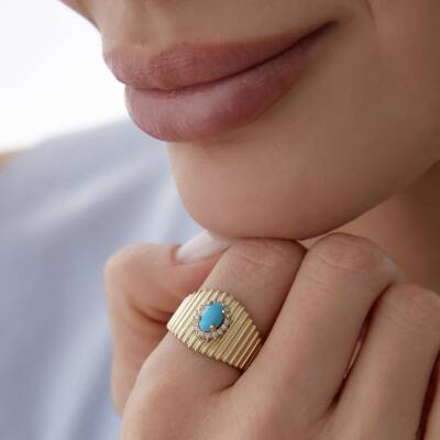 Altın Turkuaz Taşlı Ring Yüzük - 3
