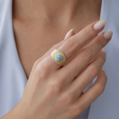 Altın Turkuaz Taşlı Ring Yüzük - 4