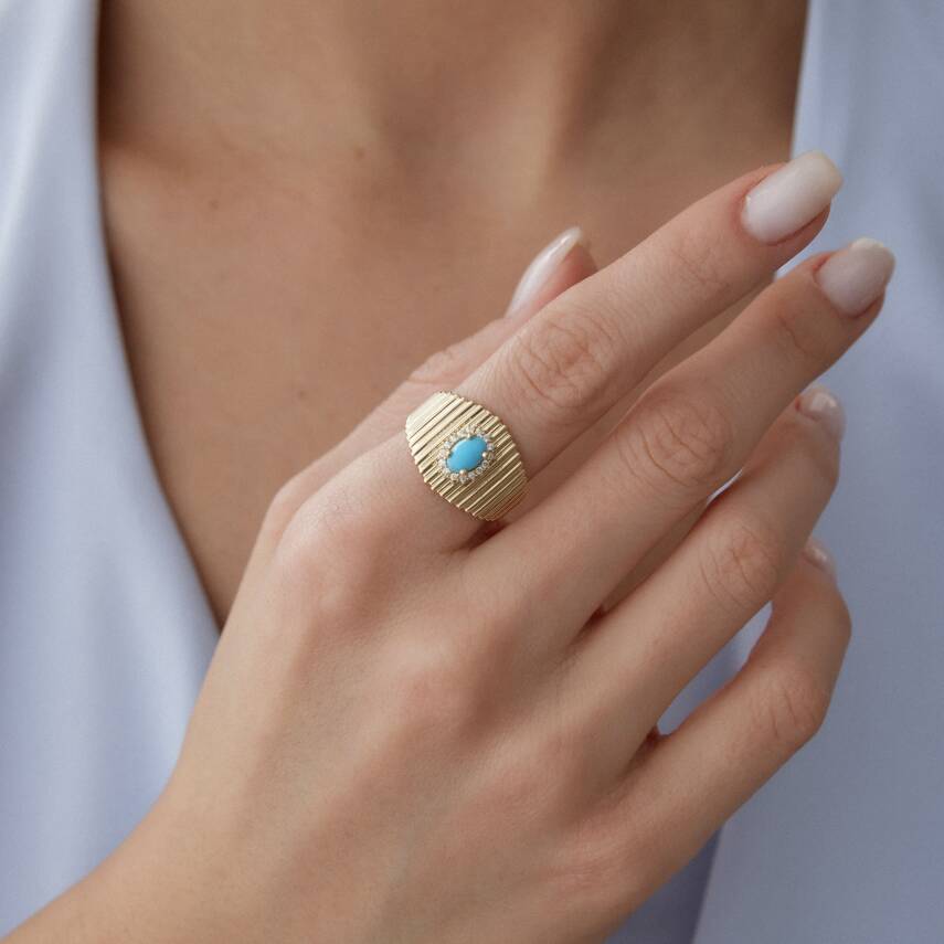 Altın Turkuaz Taşlı Ring Yüzük - 4