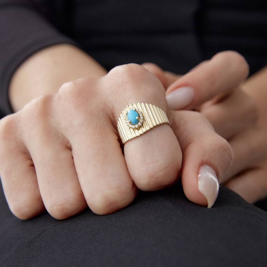 Altın Turkuaz Taşlı Ring Yüzük - 5