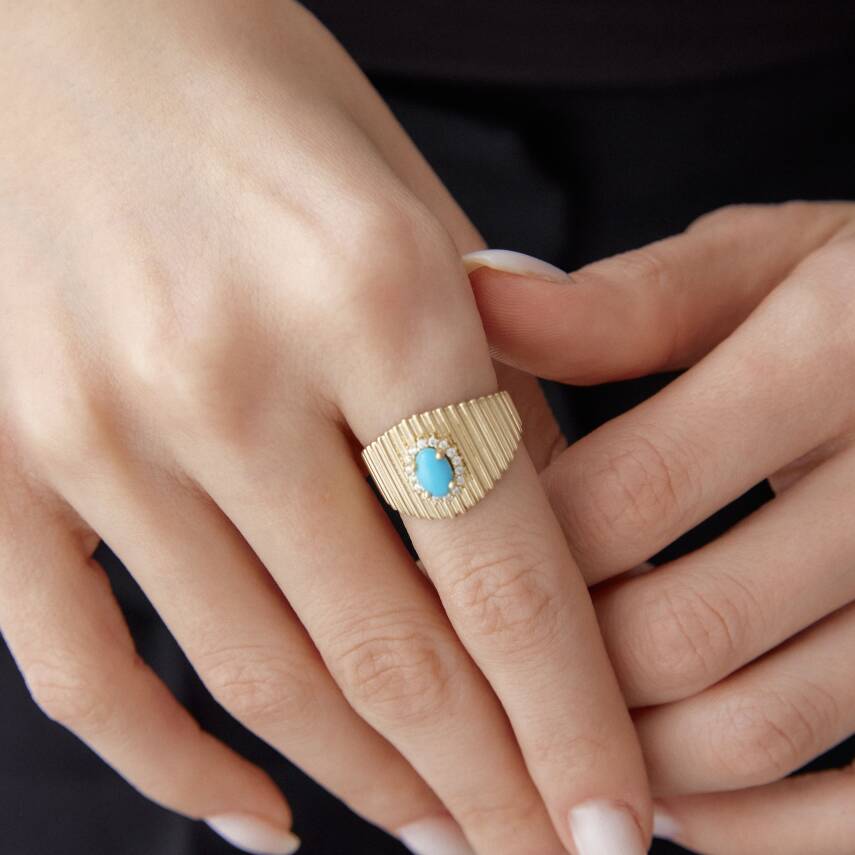 Altın Turkuaz Taşlı Ring Yüzük - 6