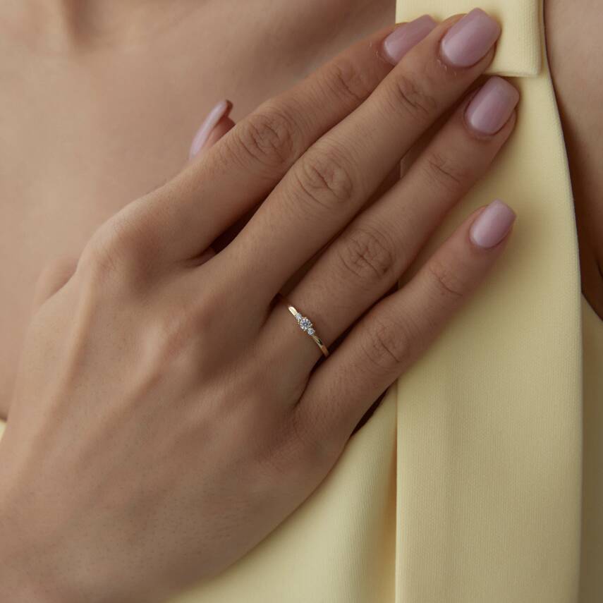 Altın Üç Taşlı Minimal Yüzük - 2