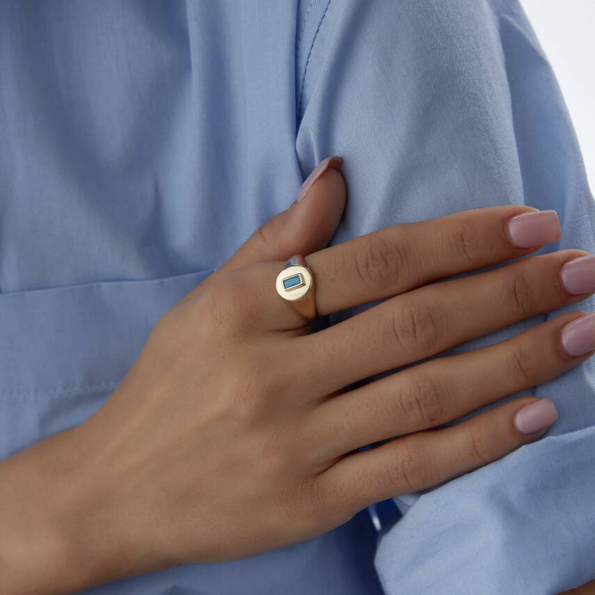 Altın Firuze Baget Taşlı Oval Şövalye Yüzük - Semih Haşhaş Kuyumculuk