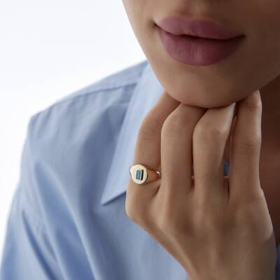 Altın Firuze Baget Taşlı Oval Şövalye Yüzük - 2