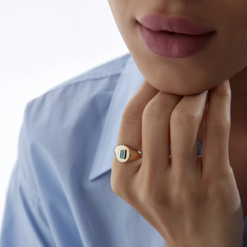 Altın Firuze Baget Taşlı Oval Şövalye Yüzük - Semih Haşhaş Kuyumculuk (1)