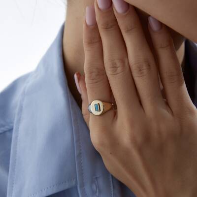 Altın Firuze Baget Taşlı Oval Şövalye Yüzük - 3