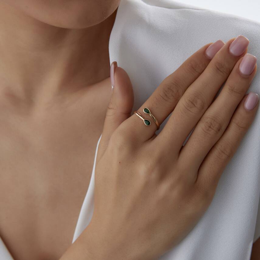 Altın Yeşil Damla Taşlı Sarmal Yüzük - Semih Haşhaş Kuyumculuk (1)