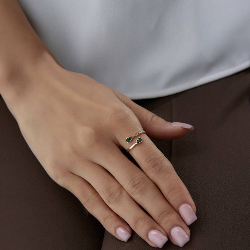 Altın Yeşil Damla Taşlı Sarmal Yüzük - 3