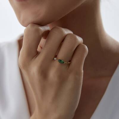 Altın Yeşil Damla Taşlı Yüzük - 2