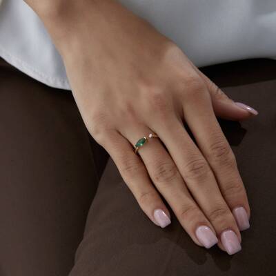 Altın Yeşil Damla Taşlı Yüzük - 3