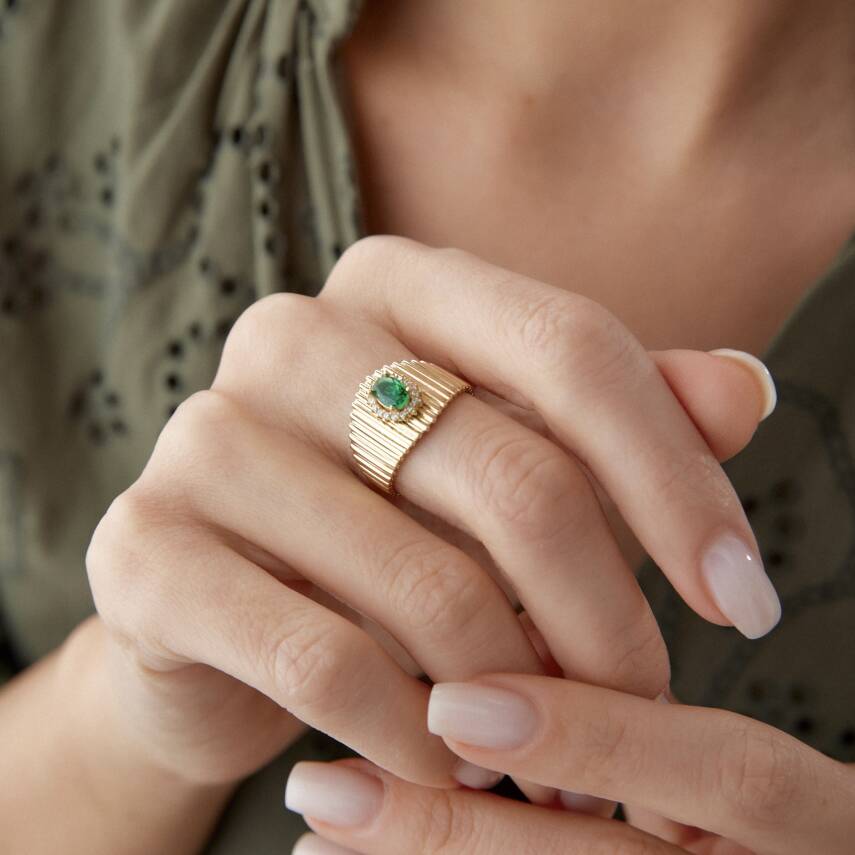 Altın Yeşil Taşlı Ring Yüzük - 1