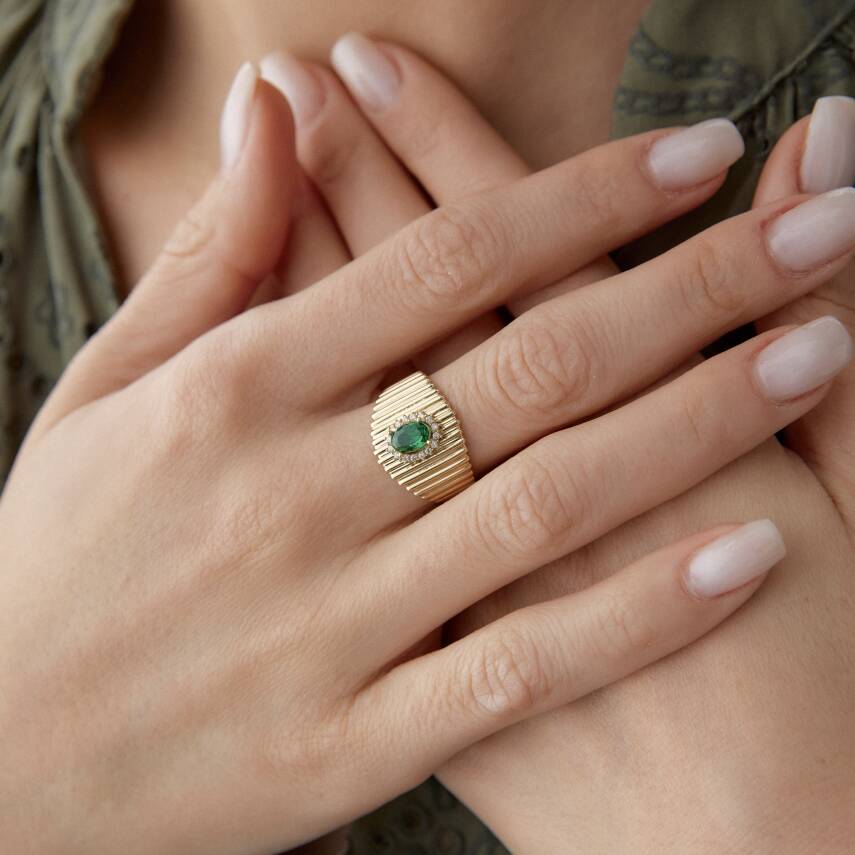 Altın Yeşil Taşlı Ring Yüzük - 2