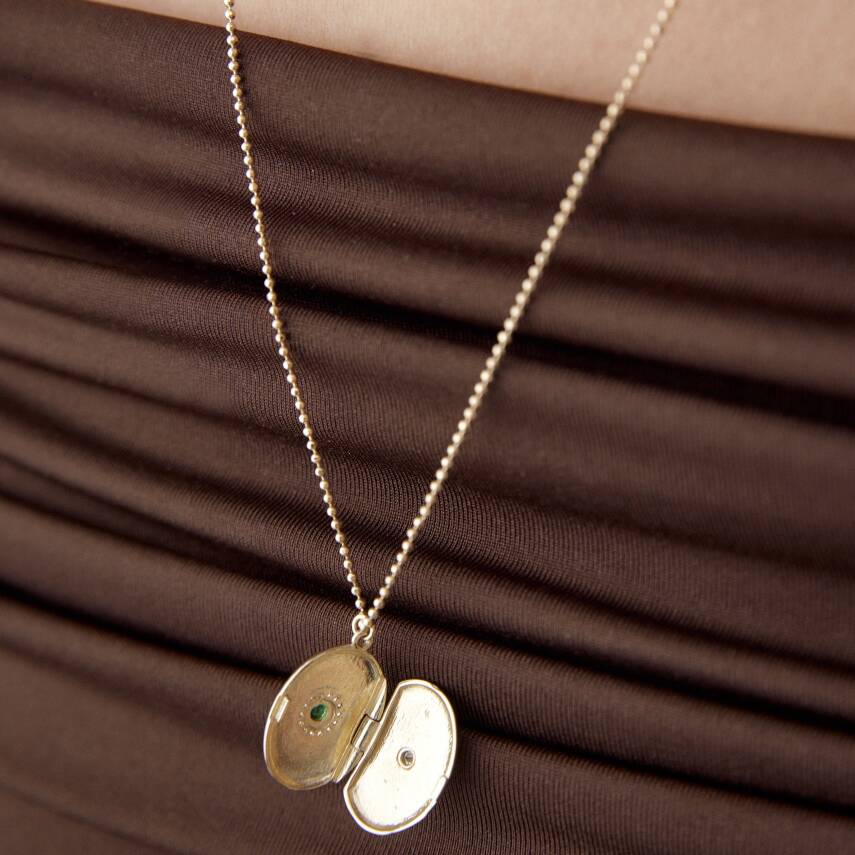 Altın Yeşil Taşlı Kapaklı Retro Kolye - 3