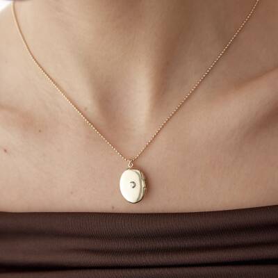 Altın Yeşil Taşlı Kapaklı Retro Kolye - 2