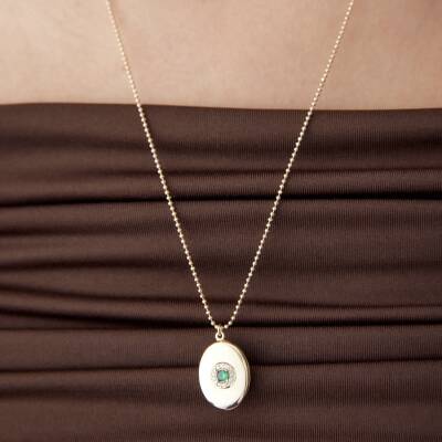 Altın Yeşil Taşlı Kapaklı Retro Kolye - 4