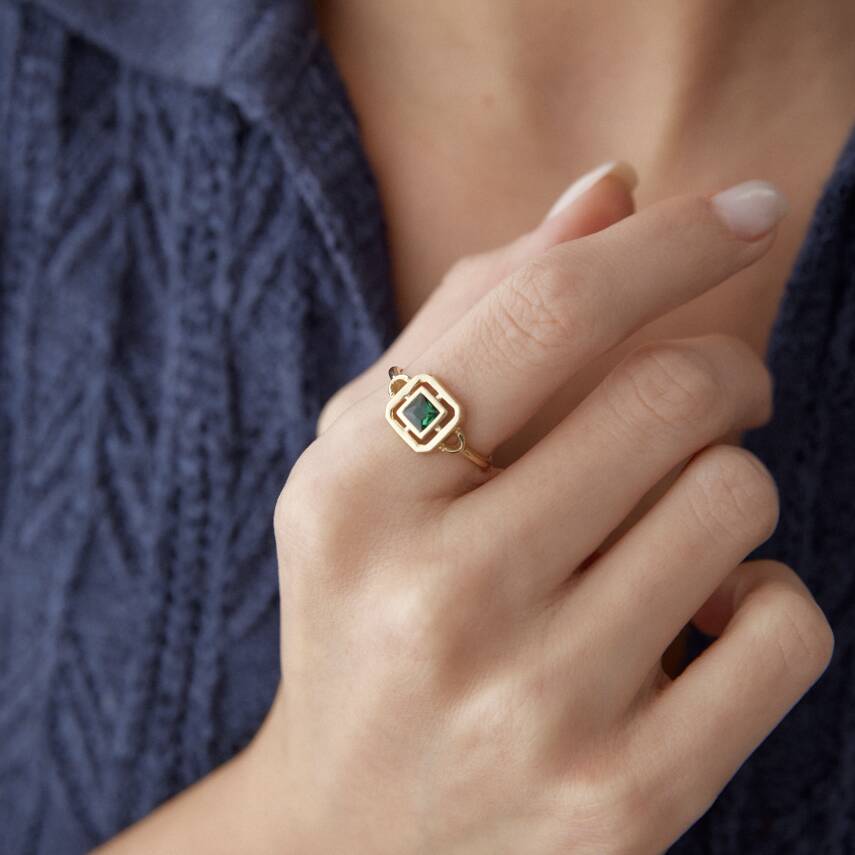 Altın Yeşil Taşlı Kare Yüzük - Semih Haşhaş Kuyumculuk (1)