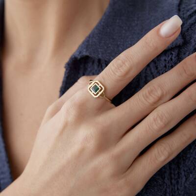 Altın Yeşil Taşlı Kare Yüzük - 3