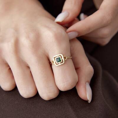 Altın Yeşil Taşlı Kare Yüzük - 4