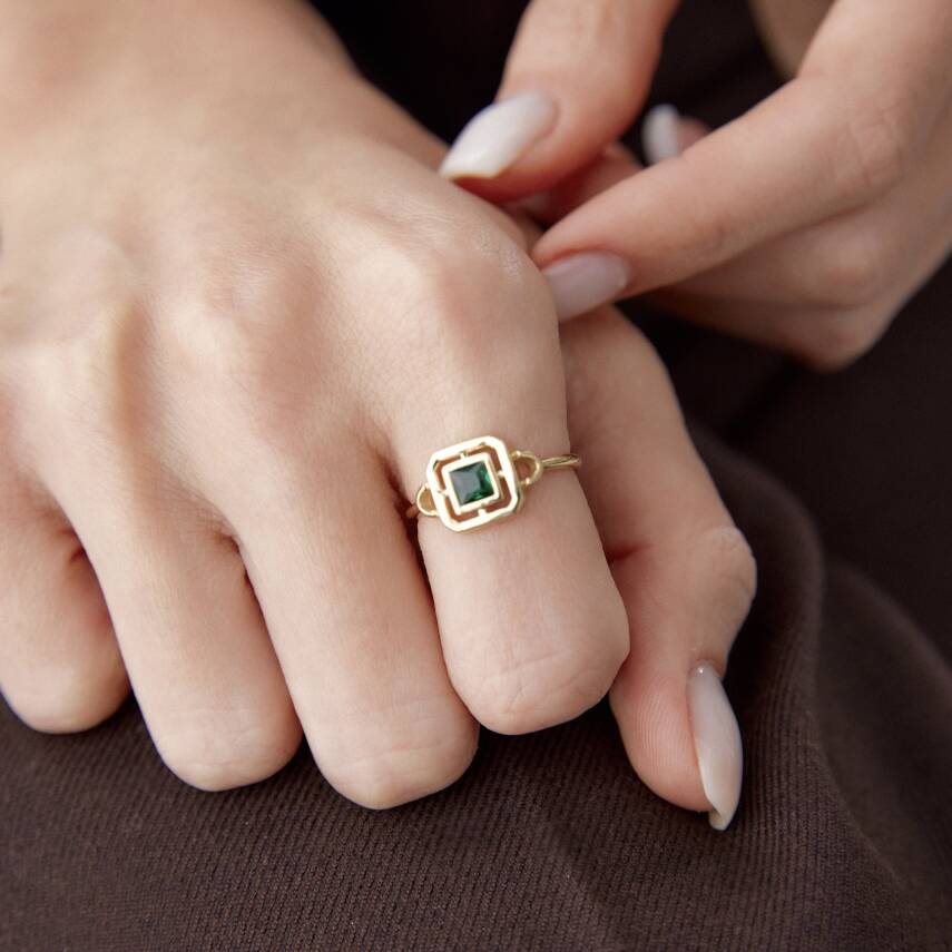 Altın Yeşil Taşlı Kare Yüzük - 4