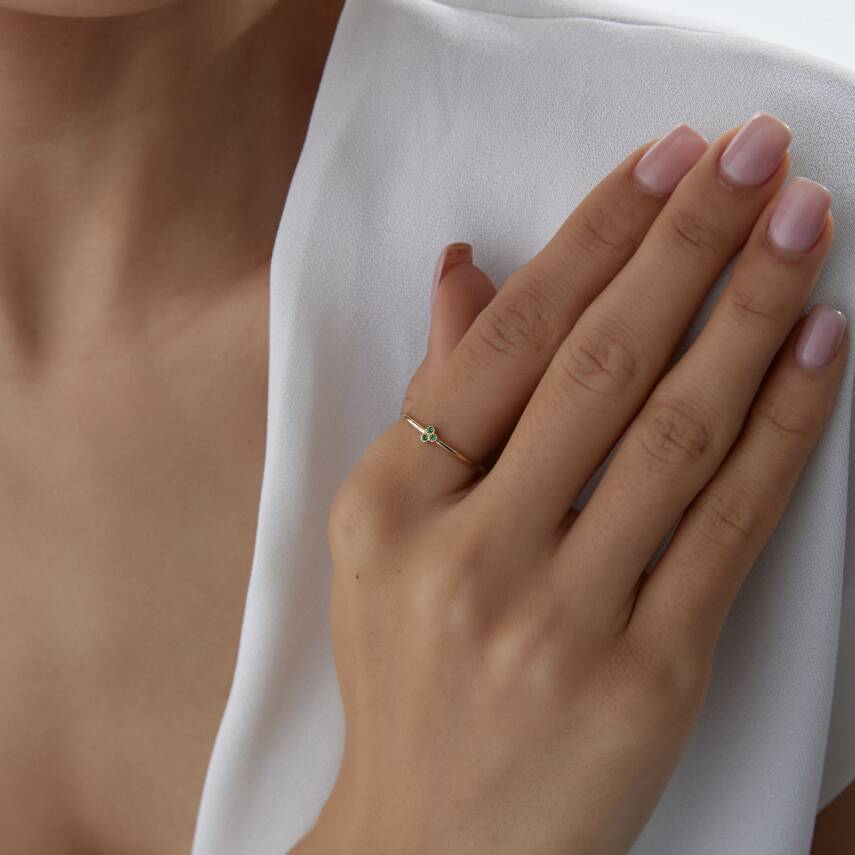 Altın Yeşil Taşlı Minimal Yonca Yüzük - 3