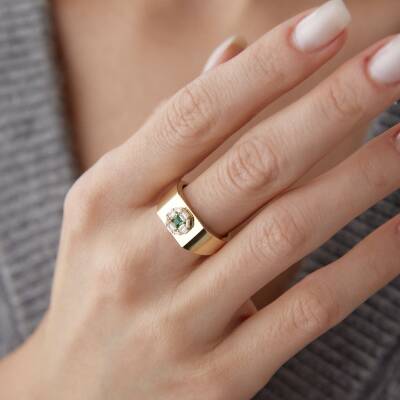 Altın Yeşil Taşlı Şövalye Yüzük - 2