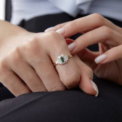 Altın Yeşil Taşlı Vintage Yüzük - 1