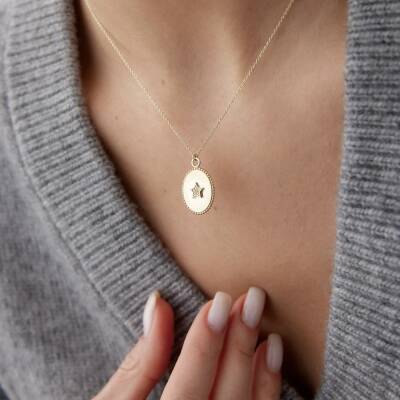 Altın Taşlı Yıldız Plaka Kolye - 2