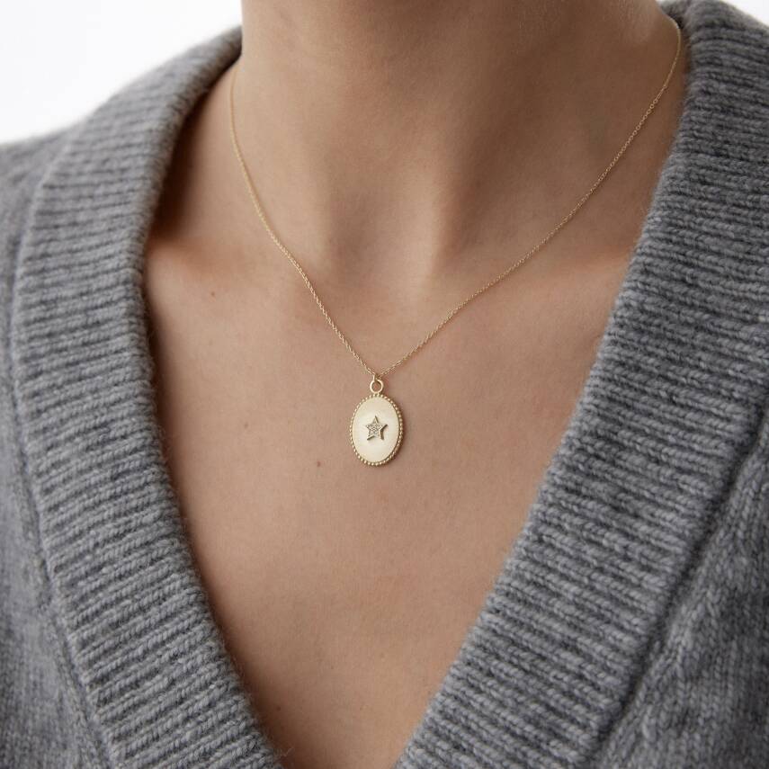 Altın Taşlı Yıldız Plaka Kolye - 3