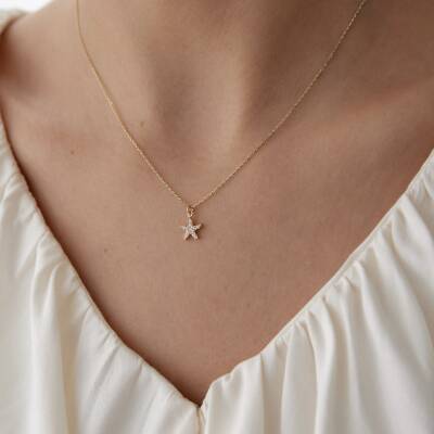 Altın Taşlı Minimal Yıldız Kolye - 1